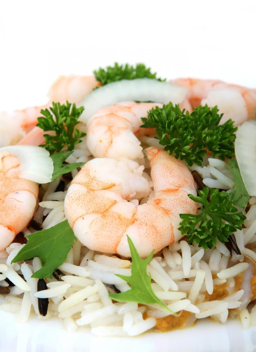 Free Image of Close Up of a Plate of Food With Shrimp and Rice 