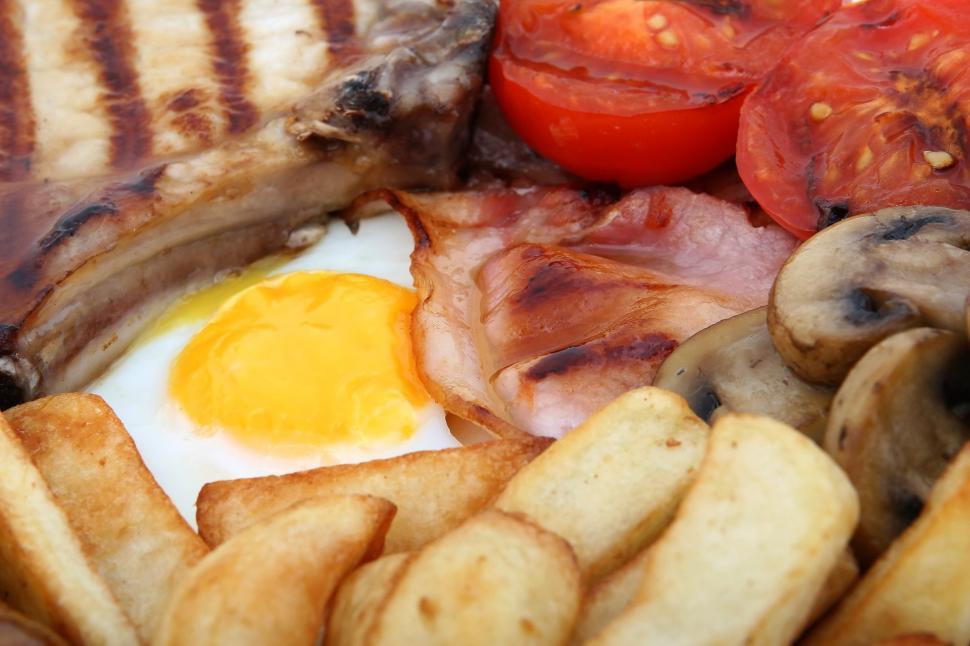 Free Image of Plate of Food With Eggs, Bacon, Tomatoes, and Mushrooms 