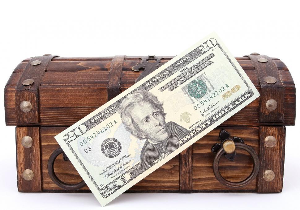 Free Image of Wooden Trunk With Dollar Bill 