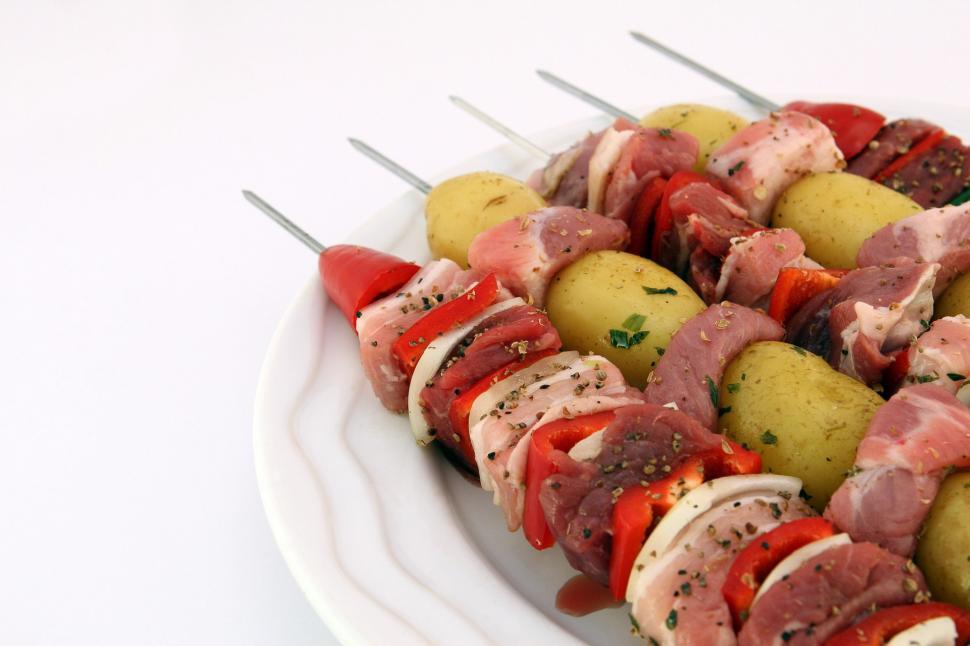 Free Image of White Plate With Skewered Meat and Vegetables 