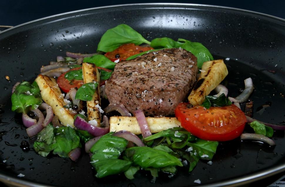 Free Image of Steak and Vegetables Sizzling in a Frying Pan 