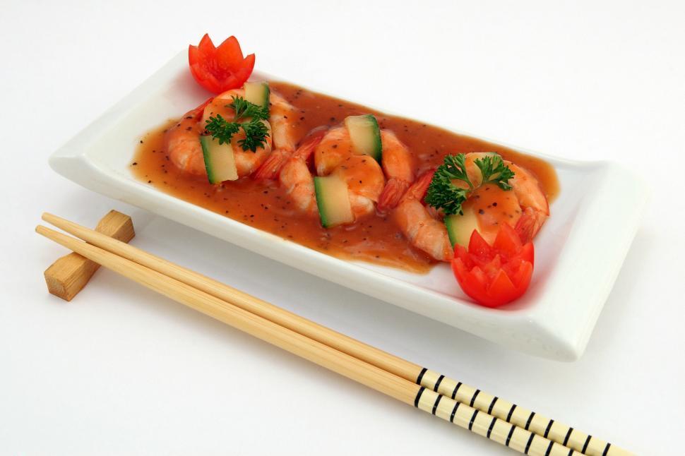 Free Image of White Plate Topped With Shrimp and Veggies 