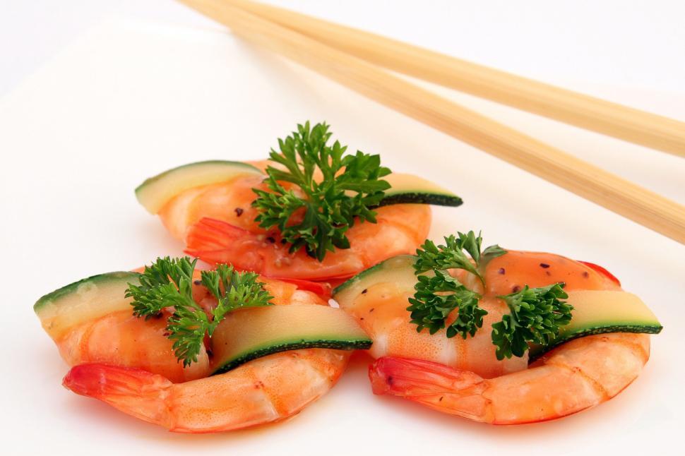 Free Image of Close Up of Shrimp and Cucumber With Chopsticks 