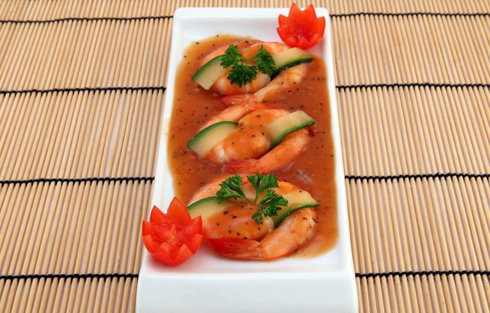 Free Image of Shrimp Covered in Sauce on White Plate 