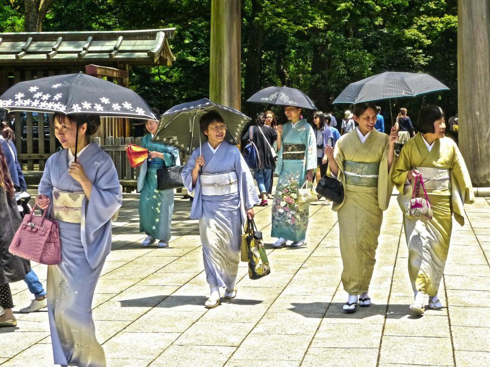 Free Image of Group of Women Walking Down Street Holding Umbrellas 