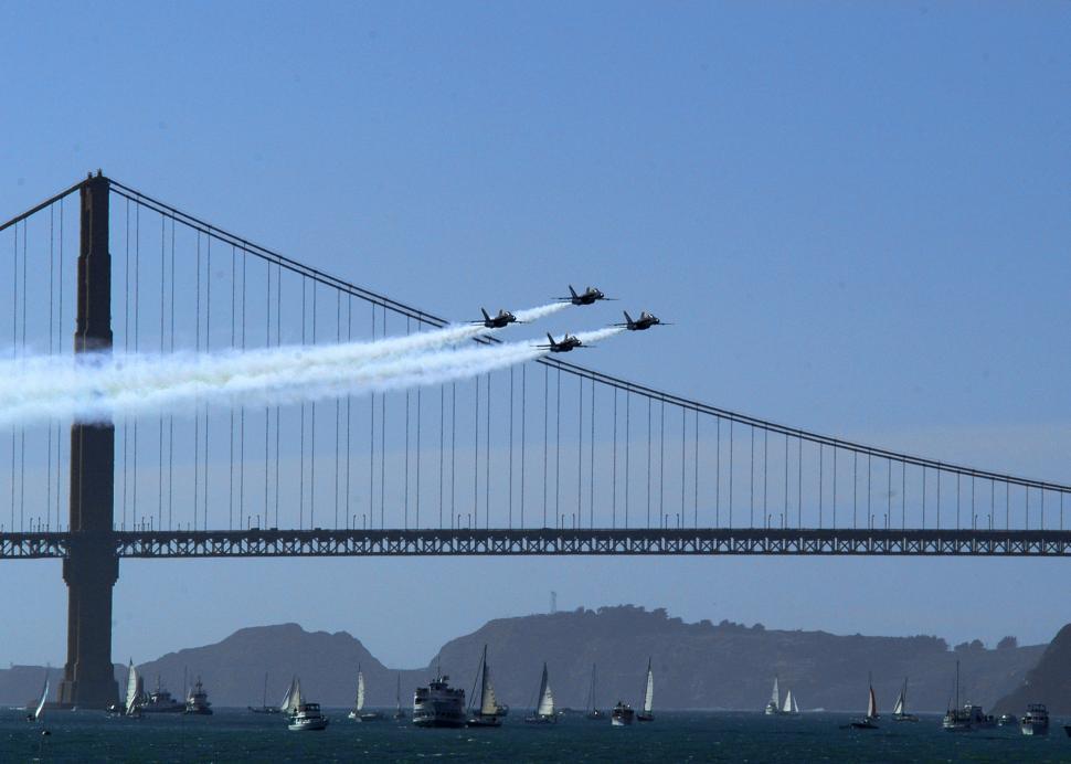 Free Image of Group of Airplanes Flying Over Bridge 