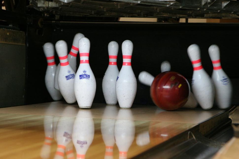 Free Image of Bowling Pins and Bowling Ball in a Bowling Alley 