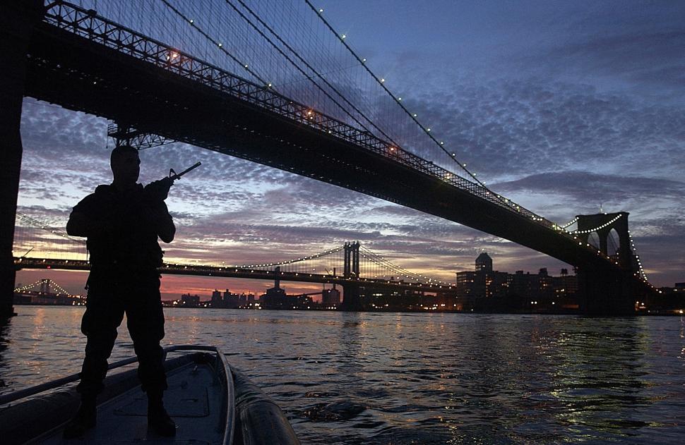 Free Image of Man Standing on Boat in Front of Bridge 