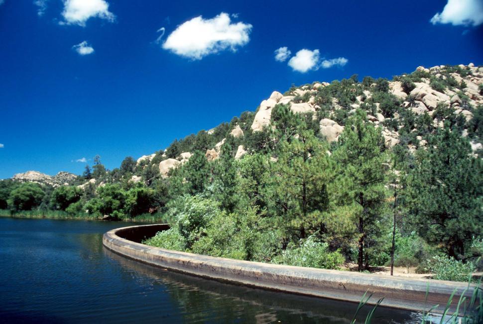 Free Image of lake dam granite basin prescott national forest water mountains pines trees boulders 
