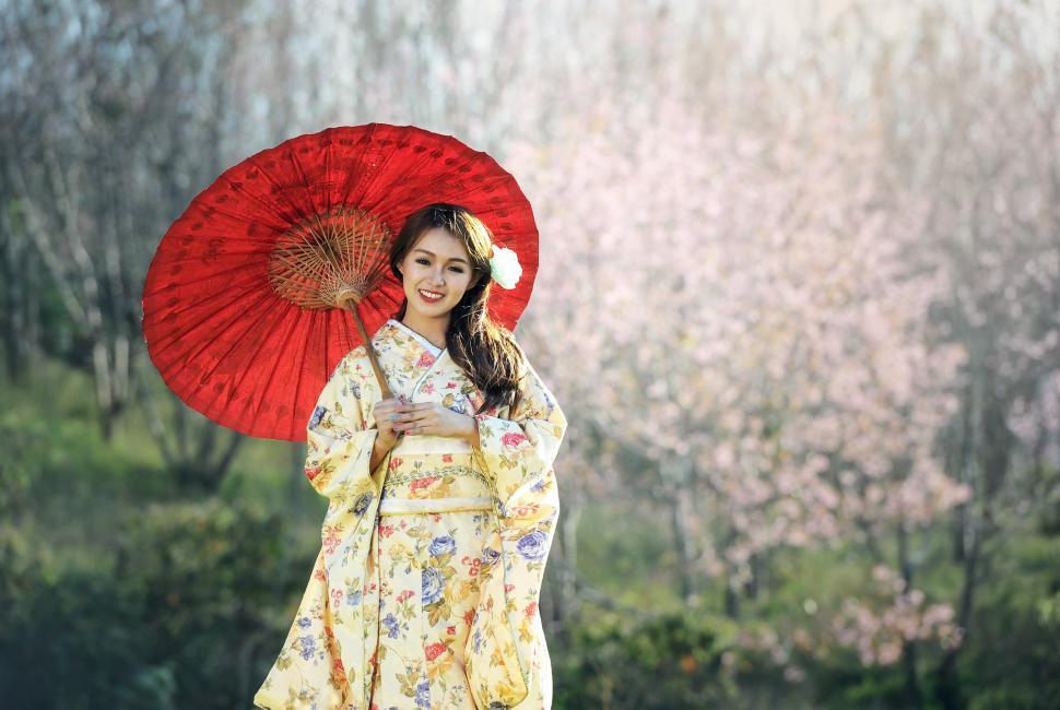 Free Image of Woman in Kimono Holding Red Umbrella 