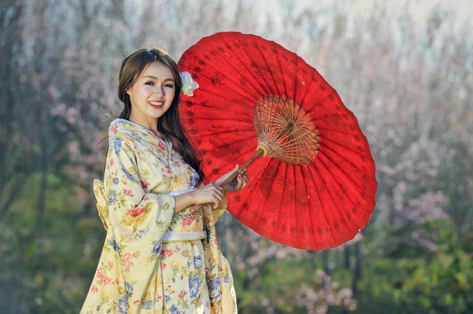 Free Image of Woman in Kimono Holding Red Umbrella 