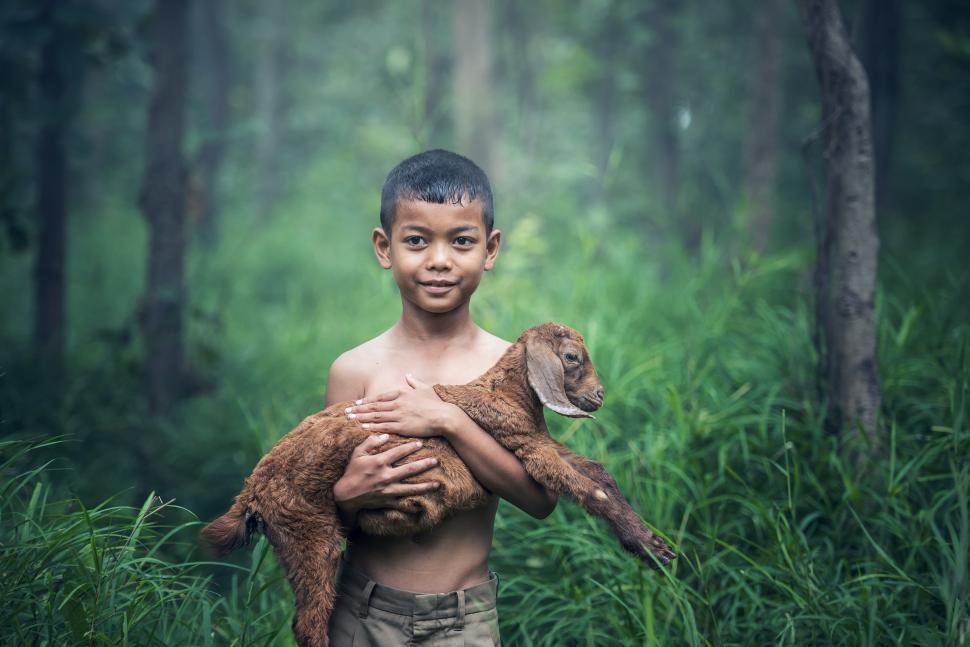 Free Image of Young Boy Holding Baby Goat in Forest 