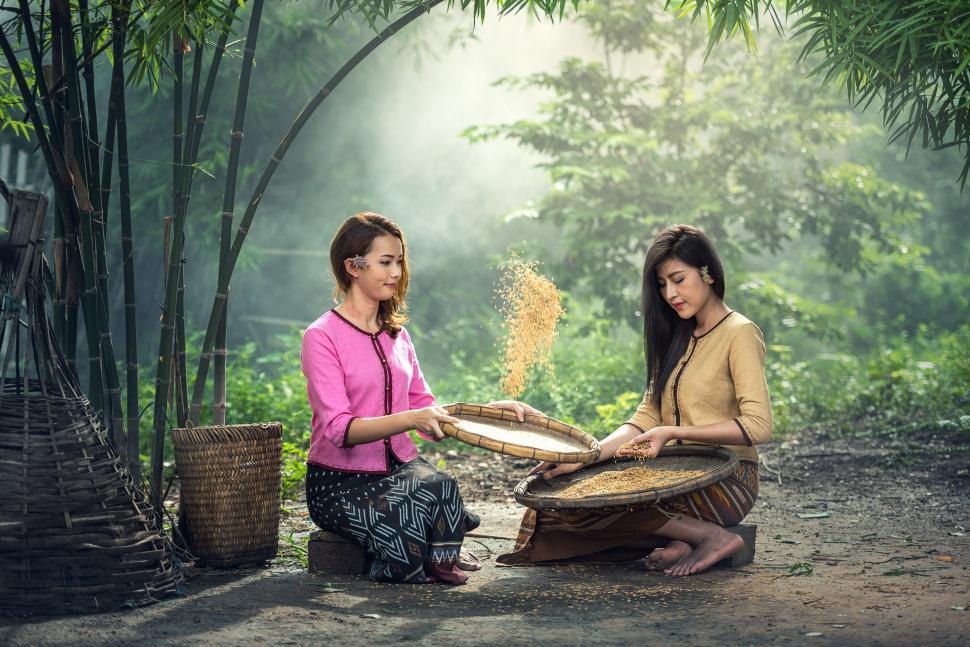 Free Image of Two Women Sitting in Front of Bamboo Trees 