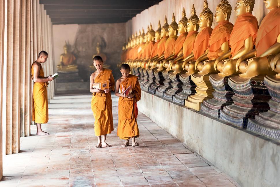 Free Image of Group of People Standing in Front of a Row of Buddha Statues 