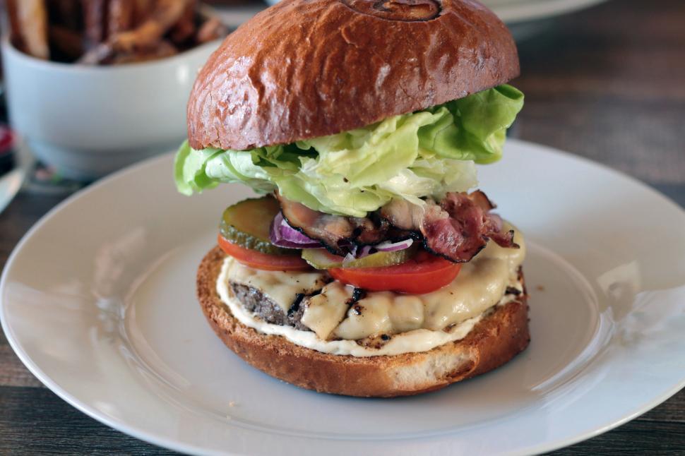 Free Image of Delicious Hamburger With Lettuce, Tomato, and Toppings 