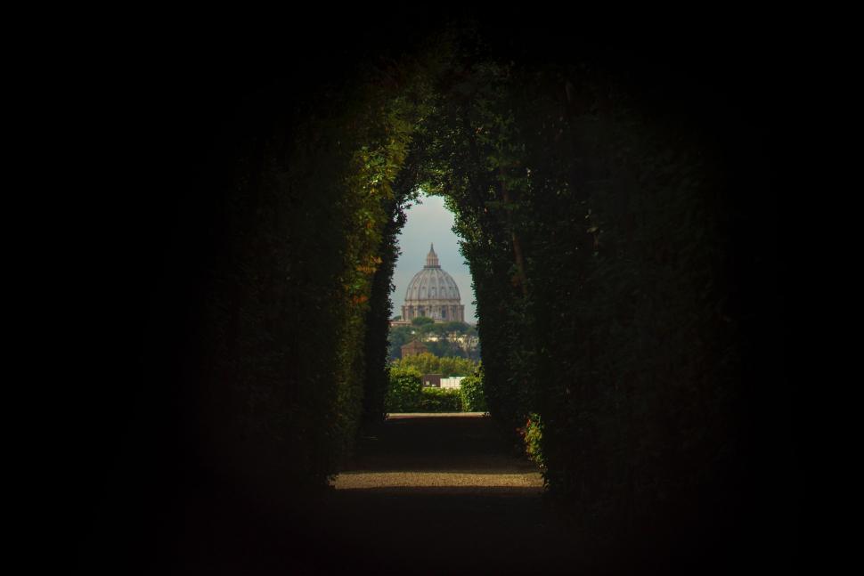 Free Image of Building Seen Through Tunnel of Trees 