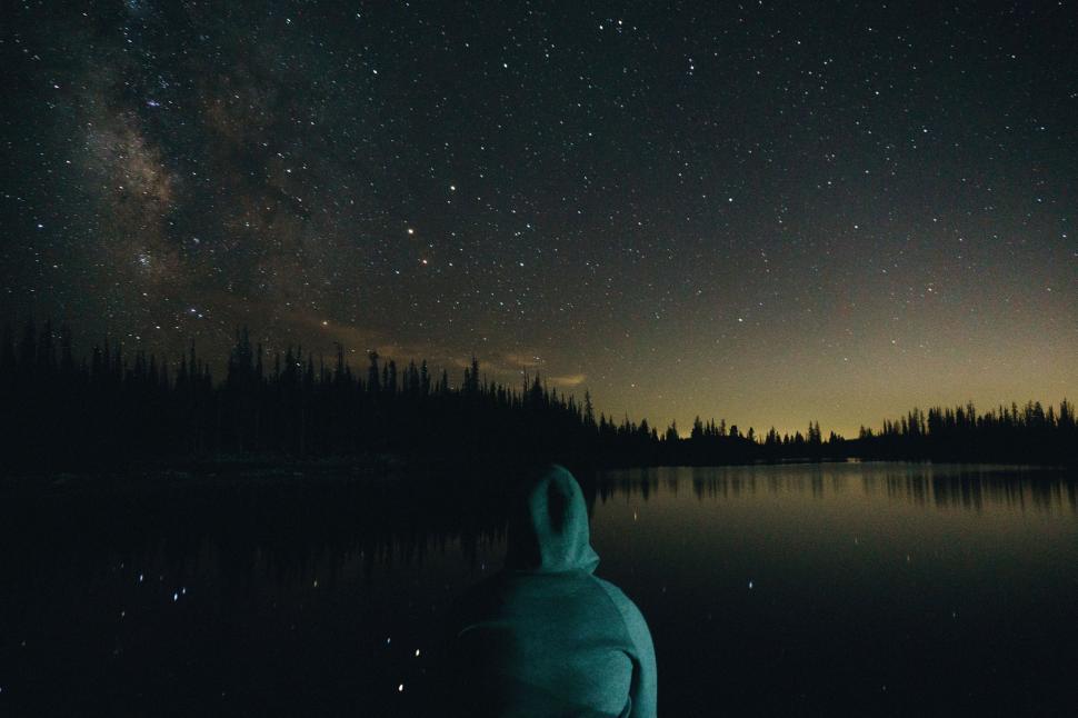 Free Image of Person Standing by Lake Under Starry Night Sky 