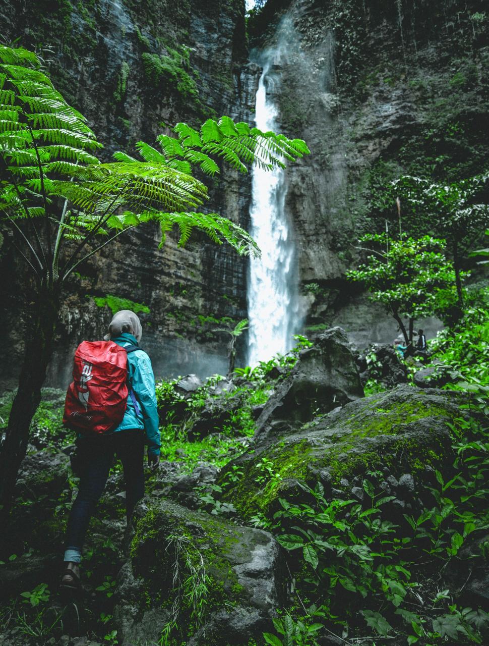 Free Image of Person With Backpack Standing in Front of Waterfall 