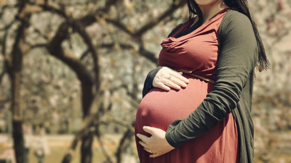 Free Image of Pregnant Woman in Red Dress Poses for Picture 
