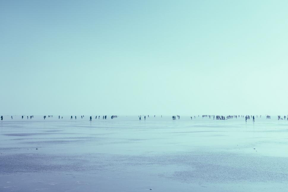 Free Image of Group of People Standing on Beach by Ocean 