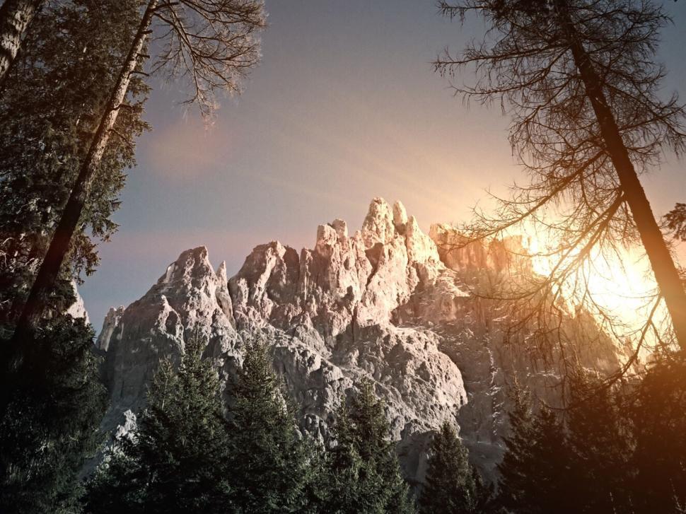 Free Image of Sun Shines Through Trees in Front of Mountain 
