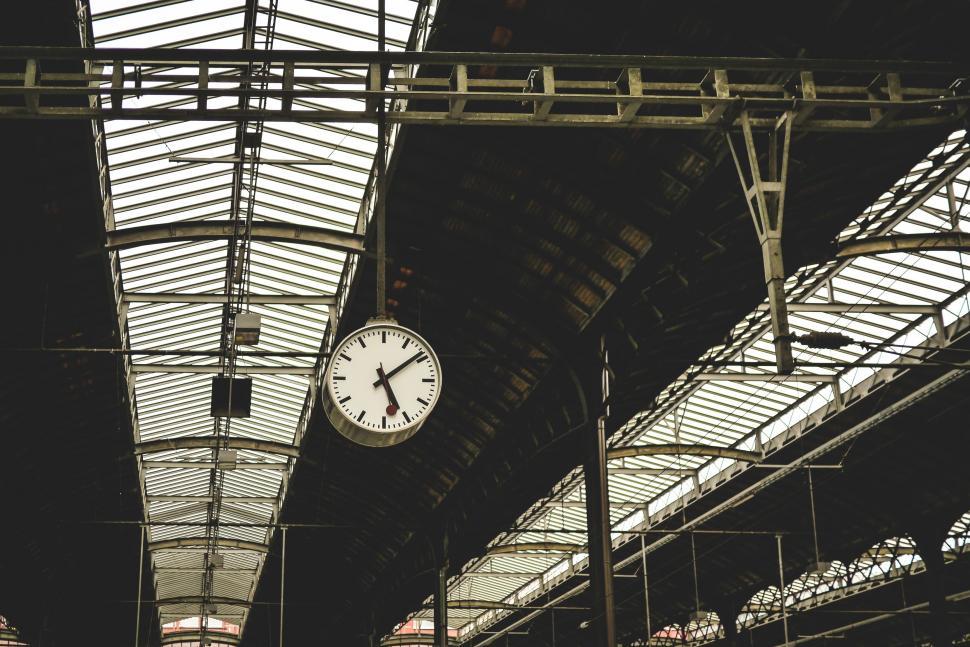 Free Image of Clock Hanging From Ceiling in Train Station 
