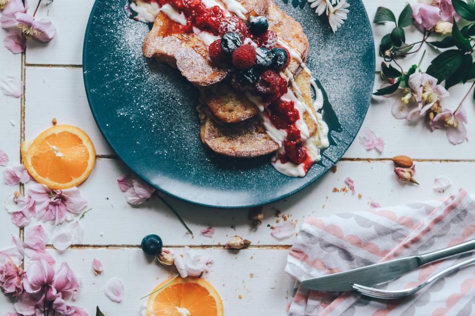 Free Image of Blue Plate With French Toast and Fruit 
