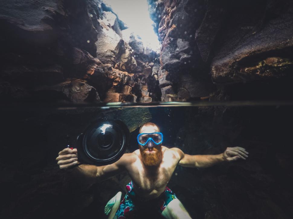 Free Image of Man With Hat and Goggles Swimming in Cave 