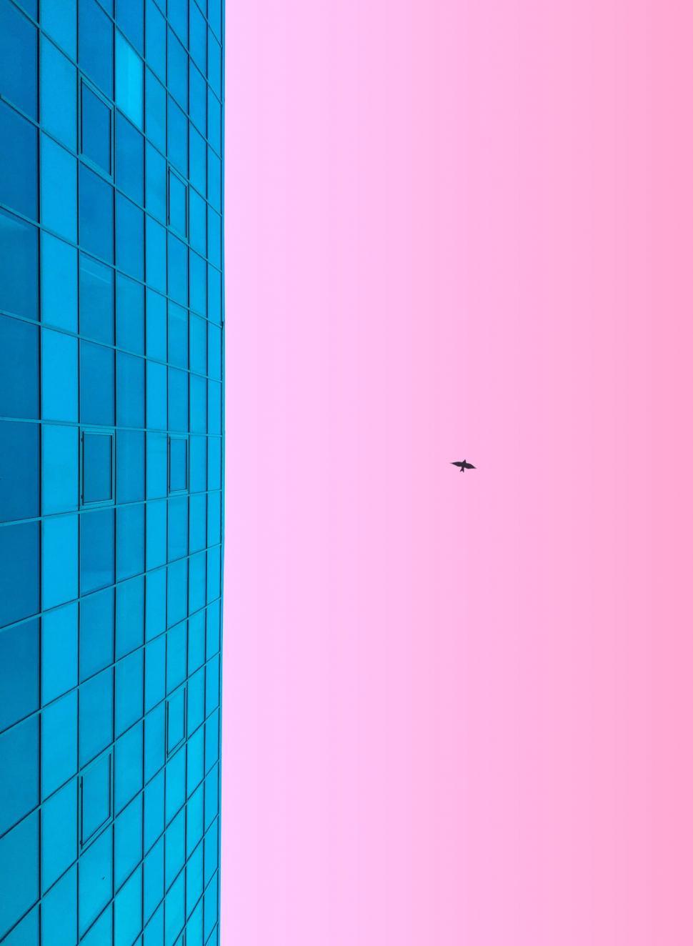 Free Image of Pink and Blue Building With Plane Flying in Sky 