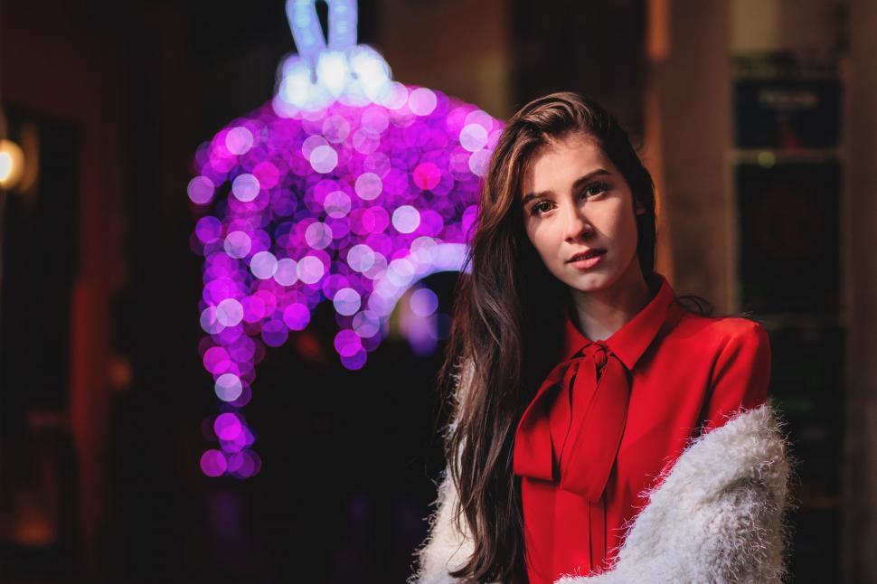 Free Image of Woman in Red Shirt and White Fur Coat 
