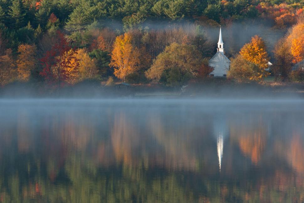 Free Image of Church on a Lake Surrounded by Trees 