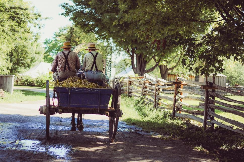 Free Image of Two Men Riding on Blue Wagon 