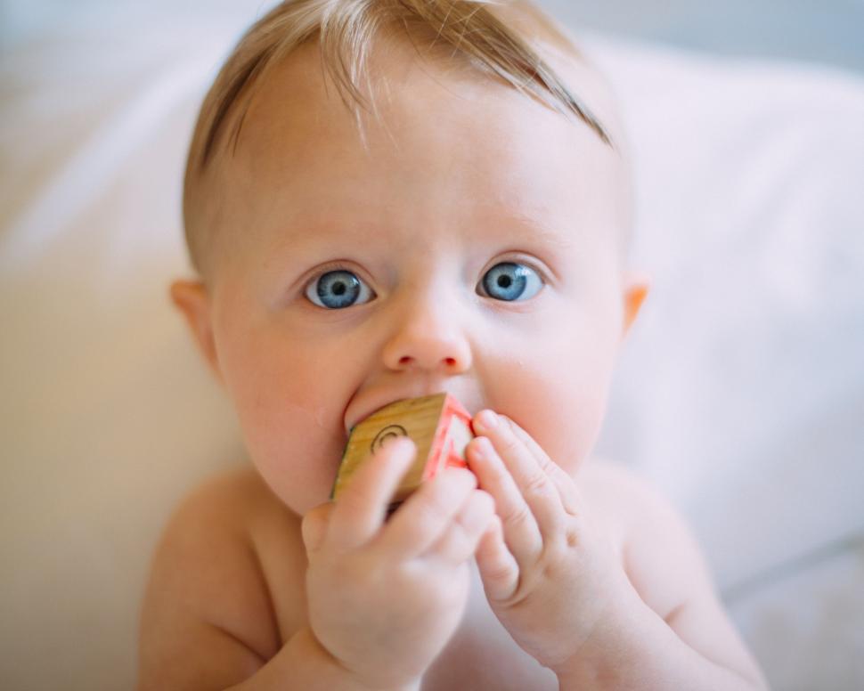 Free Image of Baby Chewing on Toy While Laying on Bed 