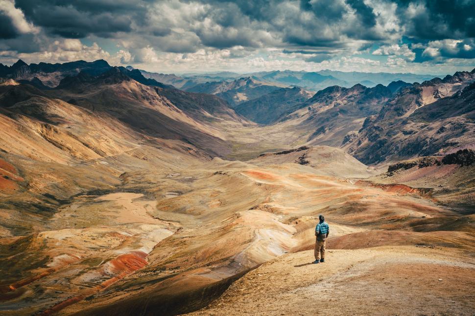 Free Image of Man Standing on Top of a Mountain 
