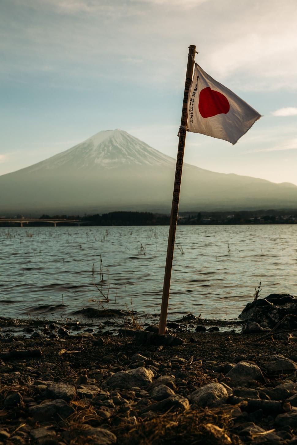 Free Image of Japanese Flag on the Shore of a Lake 