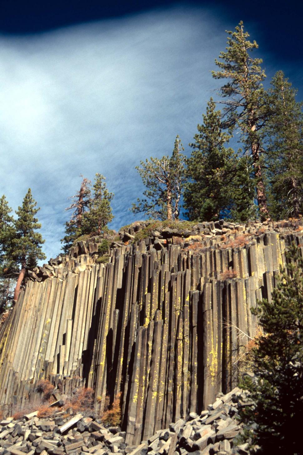 Free Image of pines trees mountains rocks devils postpile national monument columns basalt wilderness geological formation dramatic rubble piles fractures cracks stacks landscape 