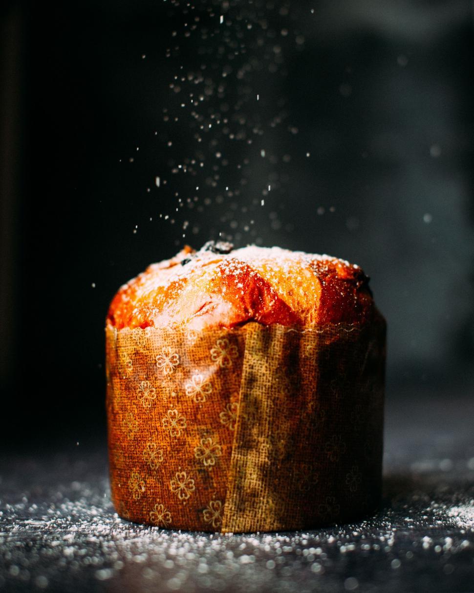 Free Image of Sprinkled Sugar on a Loaf of Bread 