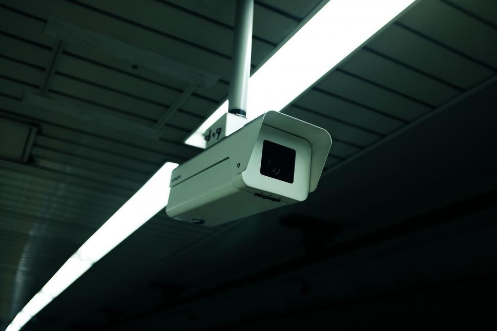Free Image of Security Camera Hanging From Ceiling of Building 