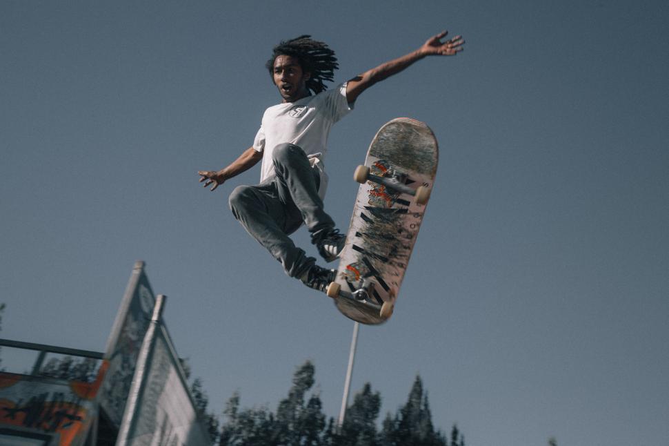 Free Image of Man Riding Skateboard Flying Through Air 