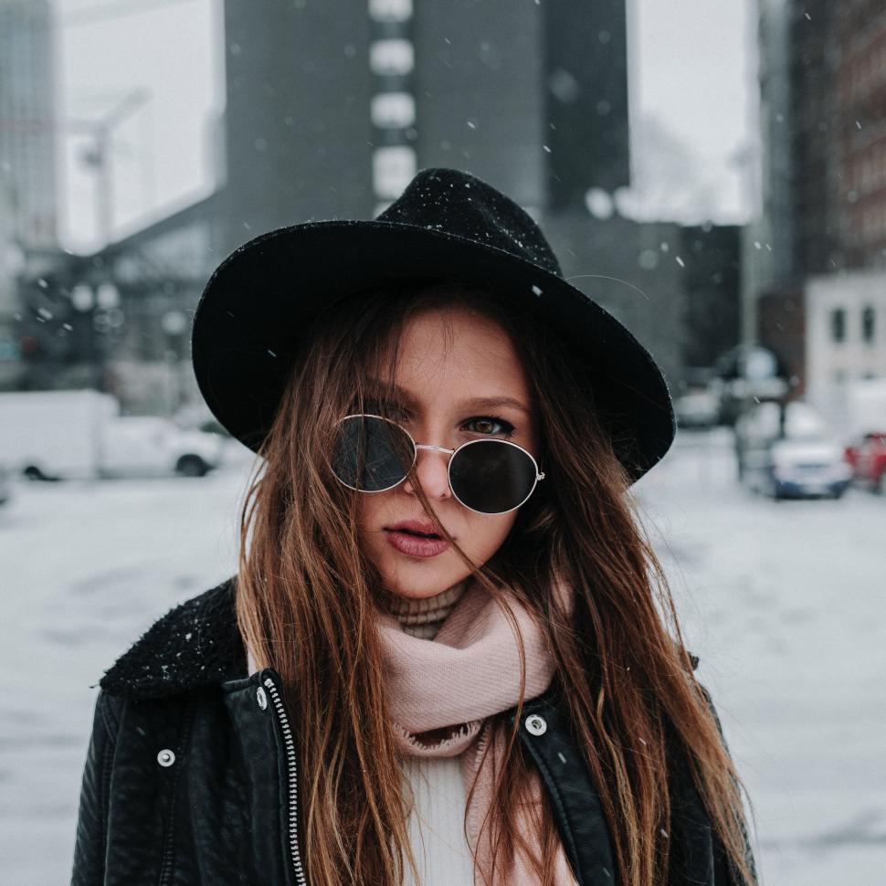 Free Image of Woman Wearing Hat and Sunglasses in Snow 