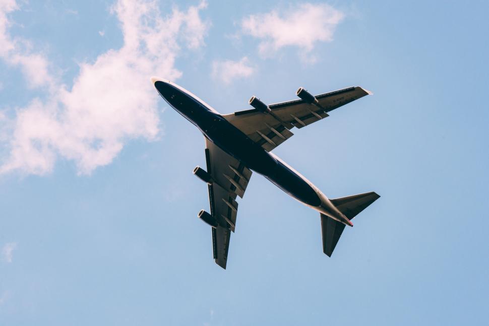 Free Image of Large Jetliner Flying Through Blue Cloudy Sky 