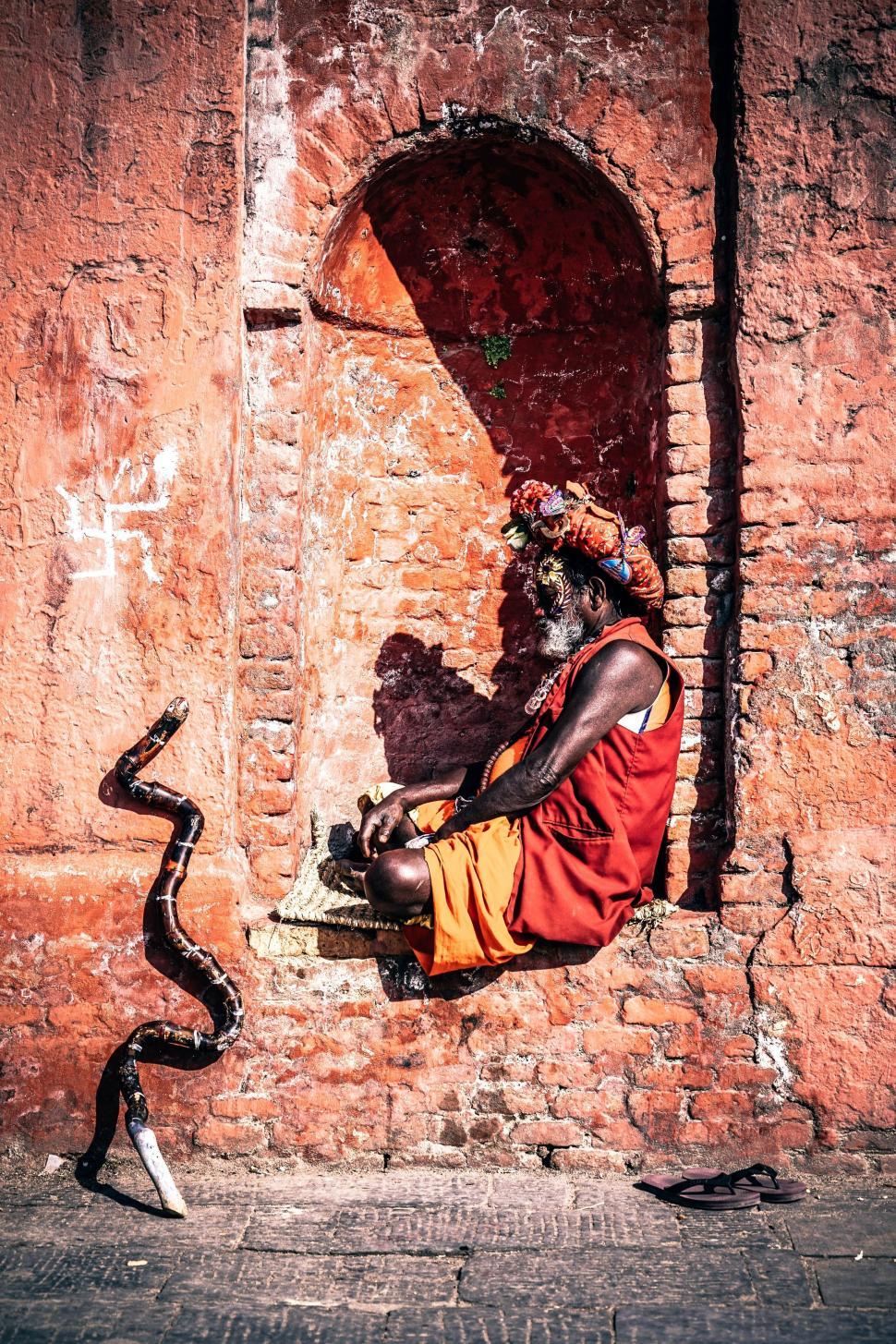 Free Image of Man Sitting on Bench Next to Snake 