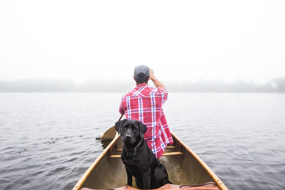 Free Image of Man and Dog in Canoe on Foggy Day 