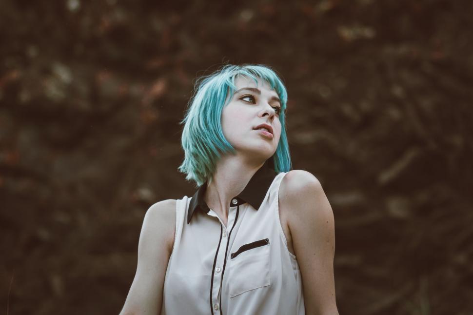 Free Image of Woman With Blue Hair in White Shirt 