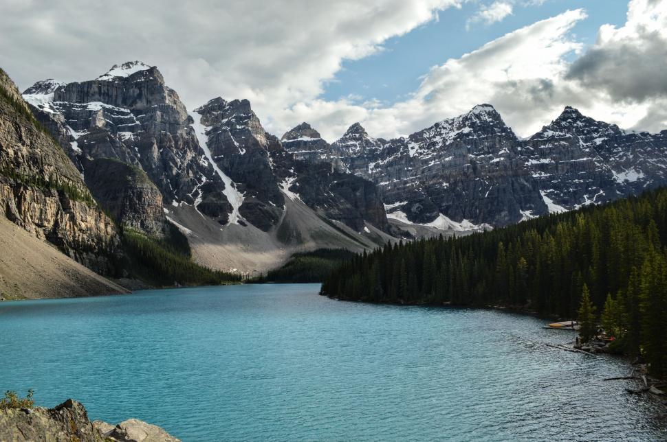 Free Image of Blue Lake Surrounded by Mountains Under Cloudy Sky 