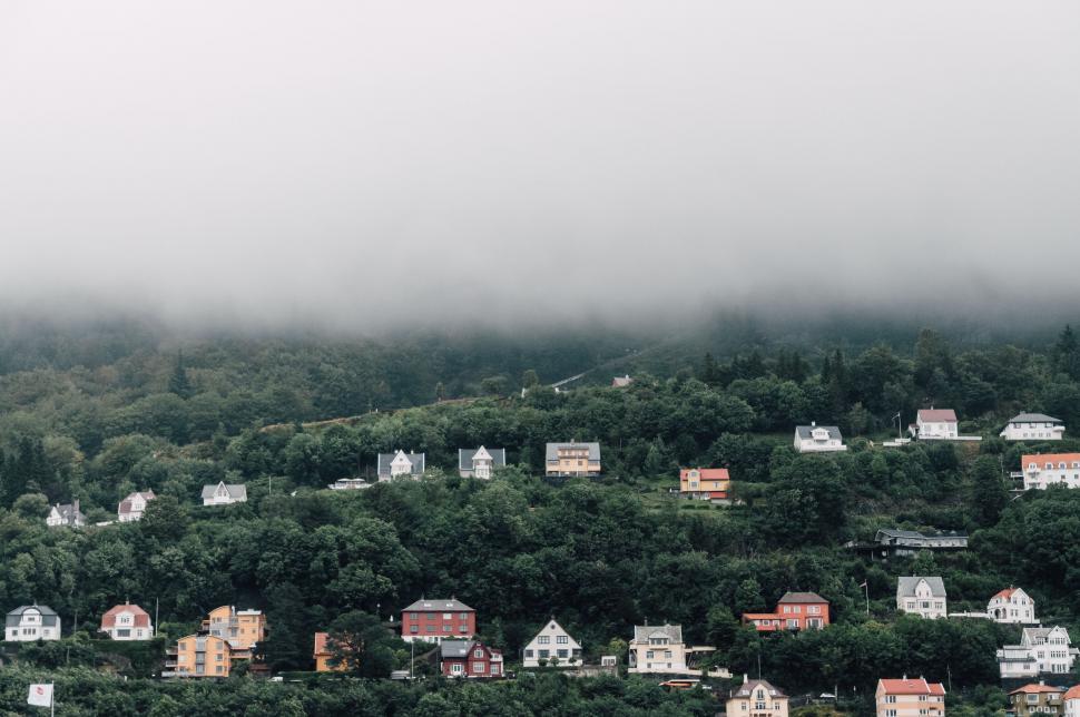 Free Image of Foggy Hillside With Houses and Trees 
