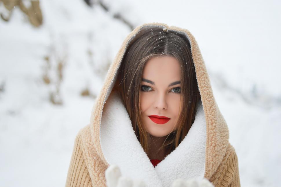 Free Image of Woman Wearing Hooded Jacket in the Snow 