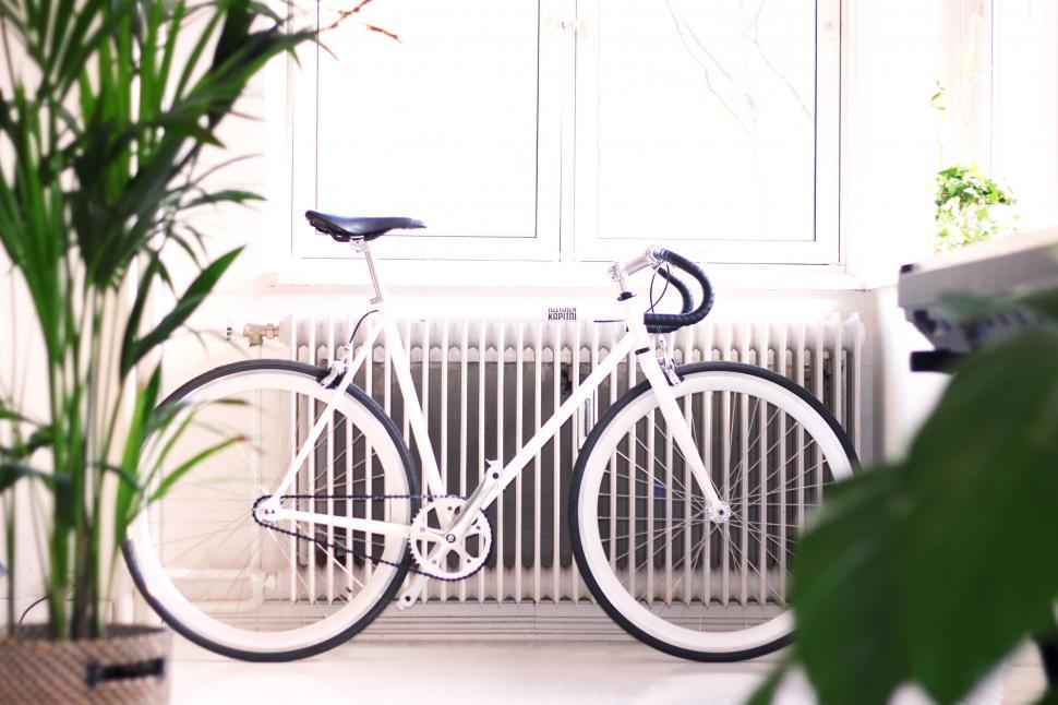 Free Image of White Bicycle Parked Next to a Window 