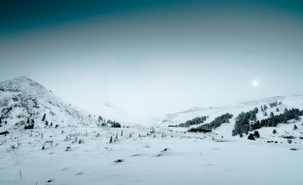 Free Image of Snow Covered Mountain With Trees in Foreground 