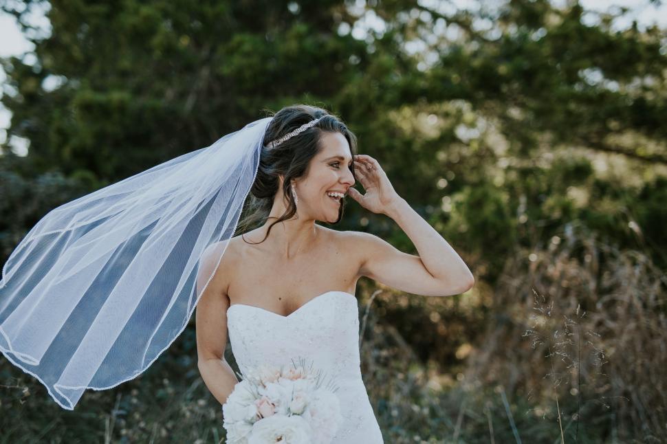 Free Image of Woman in Wedding Dress Holding Veil Over Head 